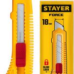 Нож упрочненный из АБС пластика со сдвижным фиксатором FORCE, сегмент. лезвия 18 мм, STAYER 0911